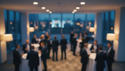 Fototapeta premium Group of blurry people in formal business suits network during professional corporate cocktail event inside modern brightly lit office space