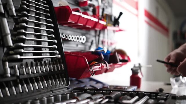 Serviceman Placing All Tools And Wrencher In Places On A Mechanic's Shelf After Auto Repair