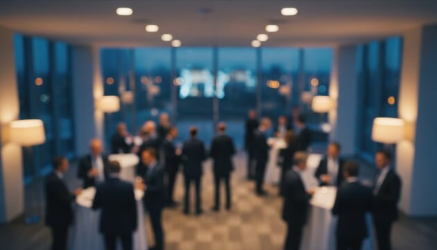 Group of blurry people in formal business suits network during professional corporate cocktail event inside modern brightly lit office space