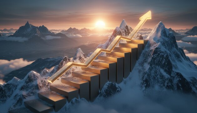 Golden arrow moving upwards on bar chart steps over snowy mountain landscape representing business growth