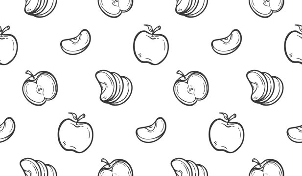 Apple doodle background. Apple slices doodle pattern. Fresh fruit seamless pattern. Healthy food hand drawn pattern. Apples fruit doodle pattern.