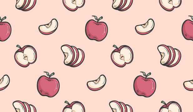 Apple doodle background. Apple slices doodle pattern. Fresh fruit seamless pattern. Healthy food hand drawn pattern. Apples fruit doodle pattern.