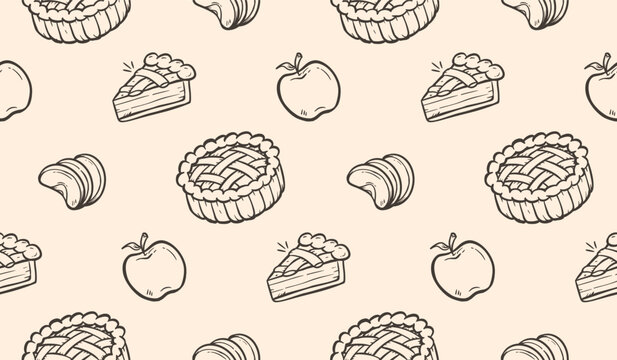 Apple pie doodle background. Apple cake pattern background. Thanksgiving food seamless pattern. Fruit cake dessert hand drawn pattern with cakes and apple slices.