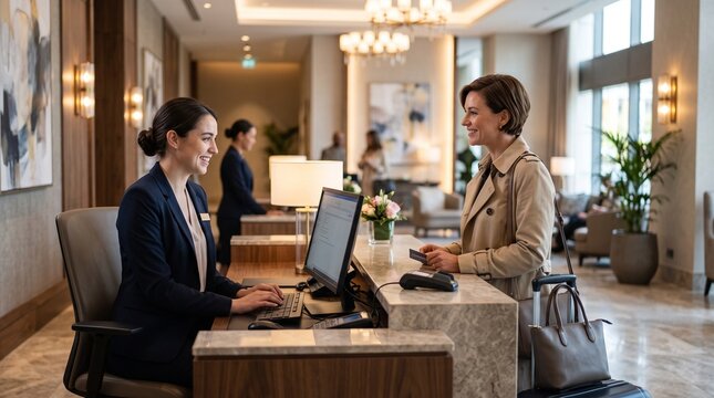 Hotel Receptionist Assisting Guest at Modern Luxury Hotelc