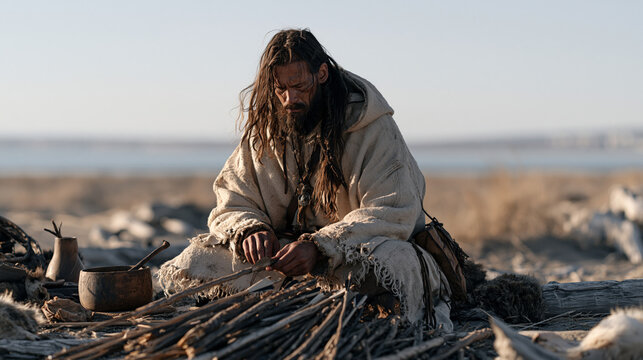 Fletcher crafting arrows from weathered driftwood shafts in an empty windswept coastal plain, traditional archery equipment making, wide establishing view of desolate shoreline,