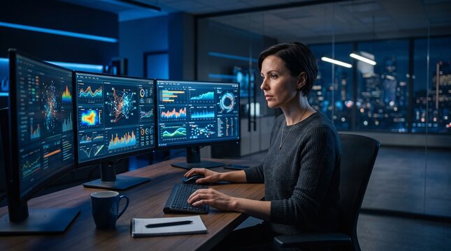Professional Data Analyst Working with Digital Technology in Modern Office