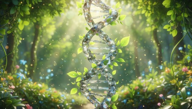 Transparent crystal dna double helix structure entwined with vibrant green leaves and blooming flowers in a bright sunny forest setting