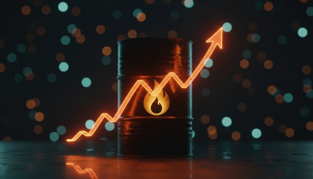 Black oil barrel sits under a glowing neon orange trend line indicating upward market movement set against a soft blurred bokeh background