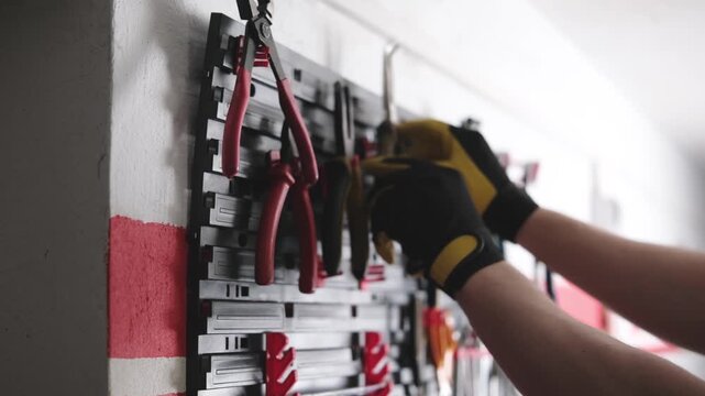 Man Choosing Pliers On A Mechanic's Tool Shelf In A Garage