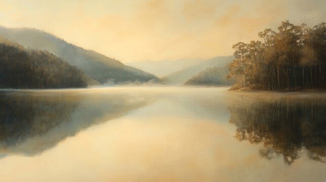 Misty dawn lake reflection, tranquil nature scene, calm water