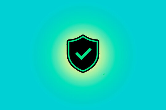 Cyber Security Shield Icon with Green Check Mark on Cyan Gradient Background, Safe and Secure Concept