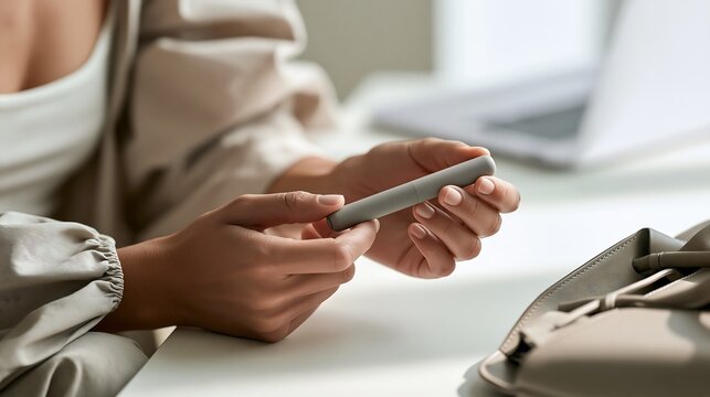Woman holding a peptide injection pen at home before use. Healthcare and self care concept for injectable medication, diabetes management, hormone therapy and weight loss treatment