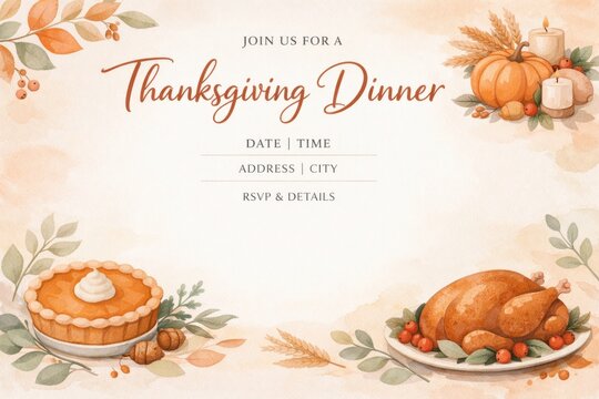 Elegant Thanksgiving dinner invitation template with watercolor harvest elements turkey pie and autumn decor