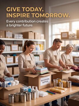 Diverse volunteers sorting donations into cardboard boxes inside community support center warehouse during charity event