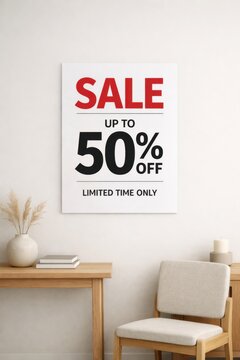 Minimalist interior with sale poster advertising fifty percent discount promotion in modern retail setting