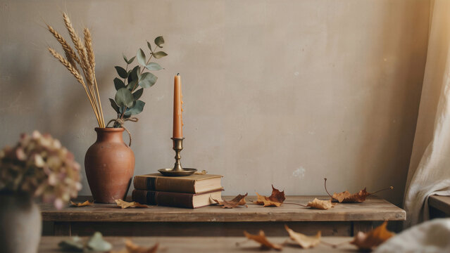 Minimalist autumn studio backdrop with vintage film aesthetic and warm glow