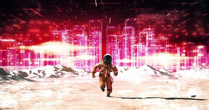Astronaut in spacesuit running towards glowing digital city background on alien planet. Abstract Digital Space City Concept.