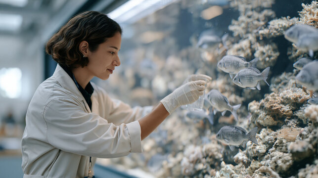 Aquarium keeper performs a candid routine water test beside a large reef tank in a quiet rural marine center, the natural overcast light through skylights softening the scene,