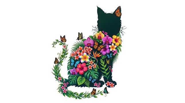A vibrant artistic silhouette of a cat sitting from behind, filled with colorful tropical flowers, monstera leaves, plumeria, hibiscus and orchids