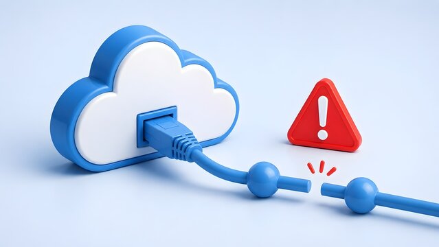 Cloud Network Disconnection and Service Failure Concept with Broken Ethernet Cable Warning Sign and Cloud Icon