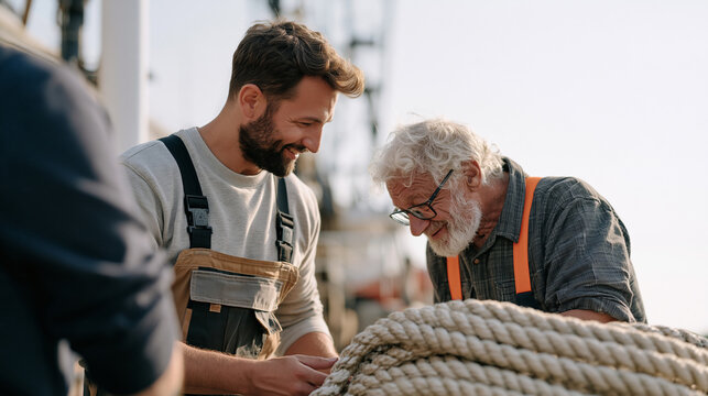 Nautical rigger and elderly harbor master examining a secondhand rope block and tackle at an overcast maritime thrift store, intergenerational expertise shared over secondhand