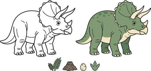 Cute triceratops dinosaur vector set featuring colored cartoon character outline coloring page version and prehistoric design elements © Dulal creation 