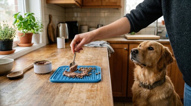 Hands filling lick mat with pet food create a clear feeding scene focused on stimulation, routine care, and practical home wellness for animal companions.