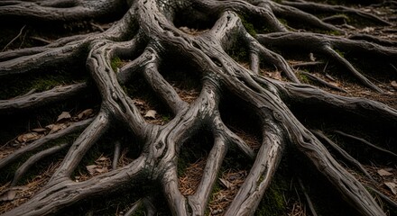 Fototapeta premium Exposed Intertwined Tree Roots Creating an Organic Natural Forest Surface Texture with Intricate Patterns