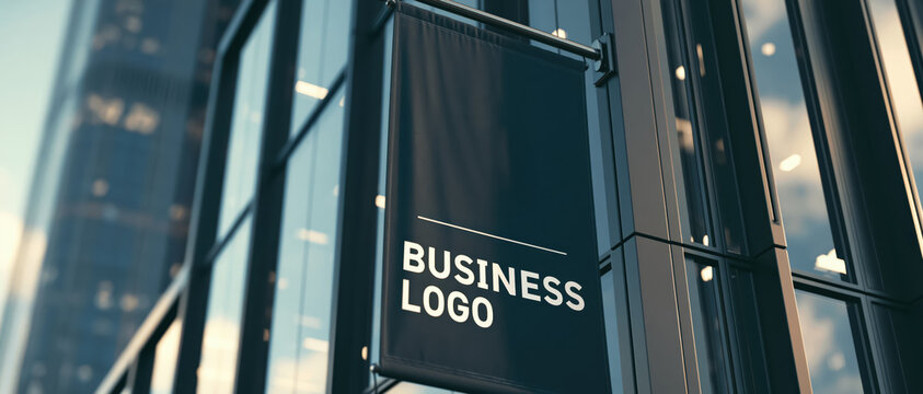 Vertical banner mockup business logo hanging sign wall banner glass building urban exterior office facade storefront display sign mockup blank