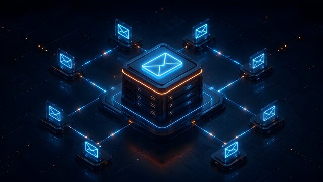 Enterprise email server and centralized digital communication network concept with glowing neon mail icons