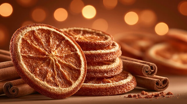 Dried orange slice cinnamon stick spice citrus fruit dried fruit orange color close up still life holiday decoration warm light
