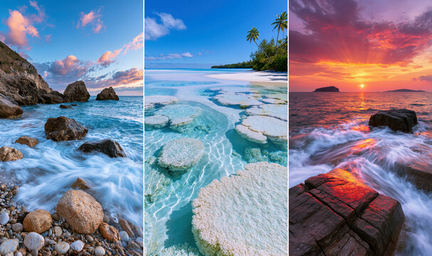 Coastal landscape tropical beach rocky shore ocean wave sunset sky clear water palm tree natural viewpoint