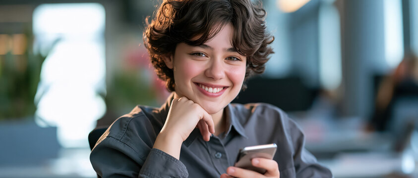 Smiling young woman portrait in office holding smartphone