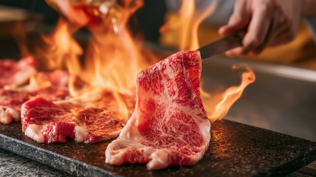Grilled beef steak over open flame with chef hand in modern kitchen, hot sizzling meat and luxury dining preparation