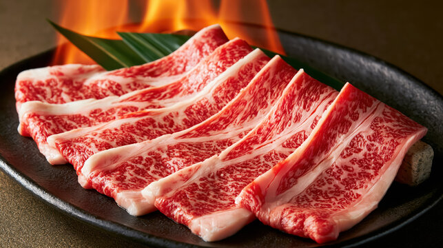 Marbled beef slice grill plate flame raw meat fine dining luxury meal japanese cuisine food display