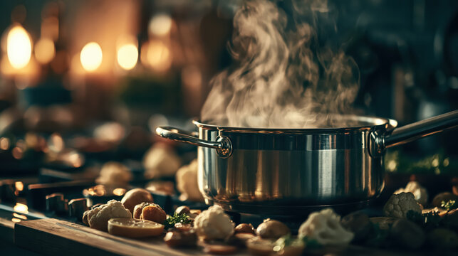Stainless steel pot on stove with steaming vegetable, warm kitchen cooking scene and blurred light bokeh
