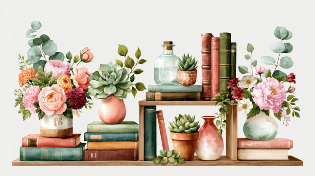 Window shelf with books and vase, floral arrangement with succulent plants and books