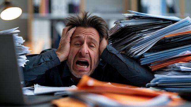 Stressed man overwhelmed by paperwork chaos in office, frustrated expression at desk