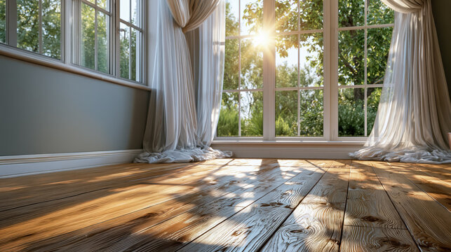 Sunlight through sheer curtain in empty room with wooden floor and large window, warm morning glow