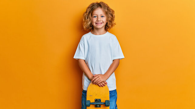 Smiling child with skateboard, curly hair, white shirt, blue jeans, orange background
