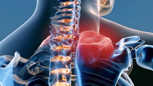 Detailed Medical Illustration of Human Shoulders Neck and Upper Spine Anatomy