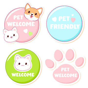 Pet friendly vector label. Stamp or sticker with pet friendly text. Kawaii kitty inside circle. Vet clinic, shop label, sticker. Inscription Pet Welcome. Vector illustration EPS8