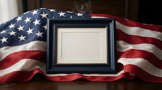 Empty picture frame with a blank white center resting on a draped american flag, symbolizing patriotism and national pride