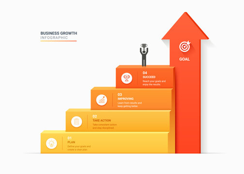Infographic Staircase Step Business Growth timeline with 4 Step Arrow Process and Concepts for Success Diagram Background