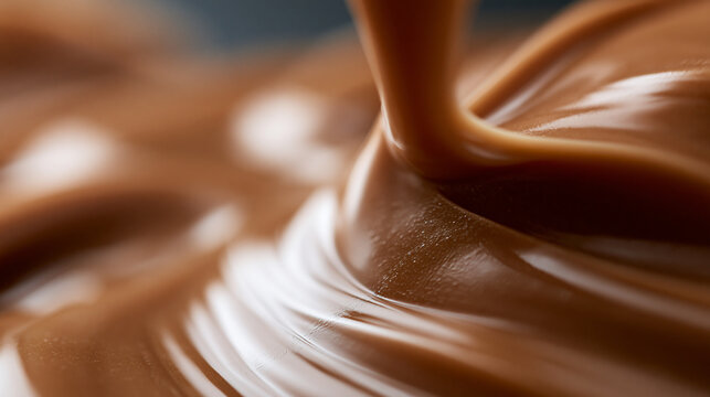 Close-up of rich liquid chocolate swirling beautifully in a smooth texture.