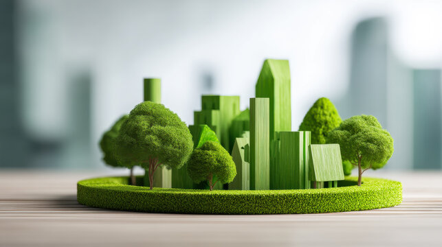 Model city made from green materials shows trees and buildings in simple shapes during a design concept activity in an office setting