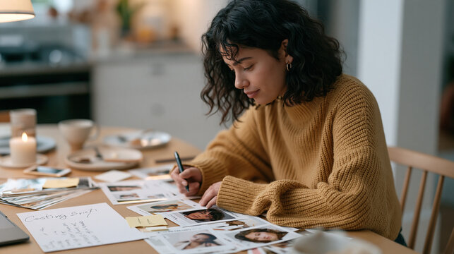 Commercial model reviewing headshots spread across a modest kitchen table, contact sheets fanned out, casting brief handwritten nearby, aftermath of audition preparation, talent