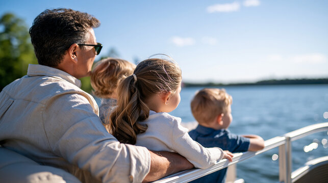 Grandparents and grandkids photographed from behind enjoying a pontoon boat ride on a bright lake faceless rear view group at the railing clean blue water and sky pontoon boat