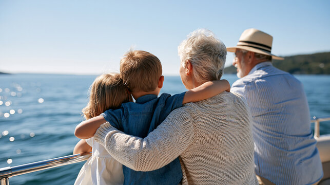 Grandparents and grandkids photographed from behind enjoying a pontoon boat ride on a bright lake faceless rear view group at the railing clean blue water and sky pontoon boat