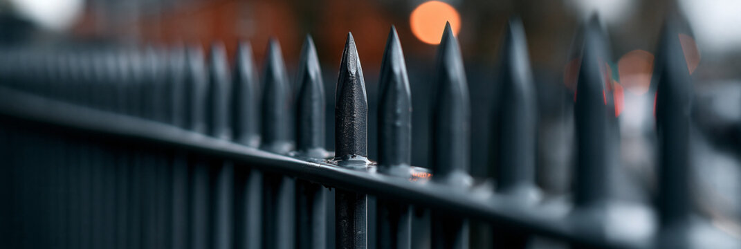 Close-up of a sharp iron fence with a moody bokeh background.